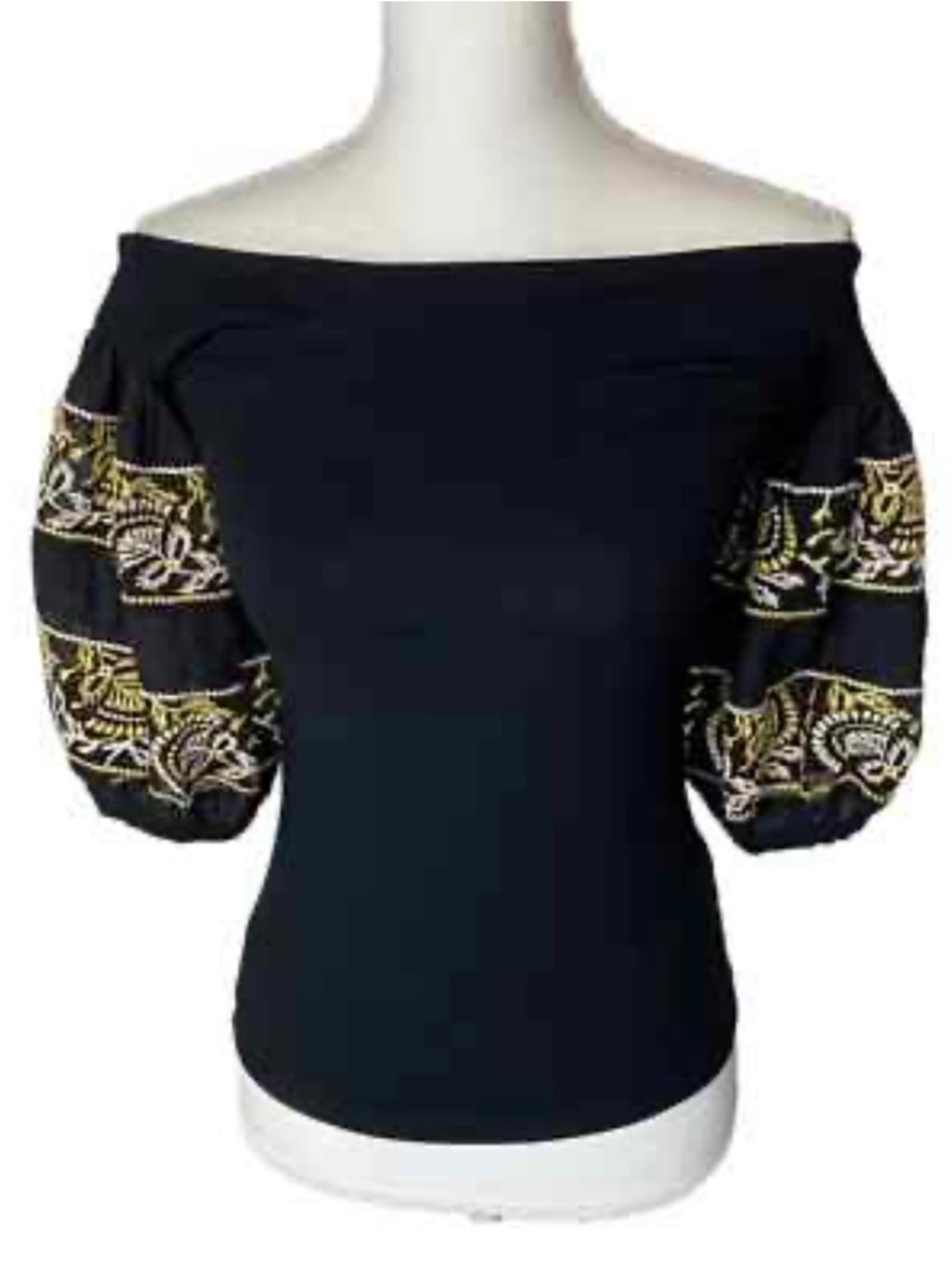 Free People Black Off-Shoulder Top with Embroidered Puff Sleeves